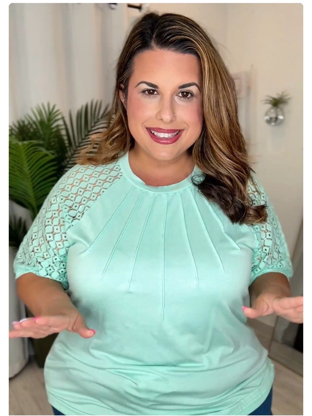 Plus Size Mint Green Lace Sleeve Top